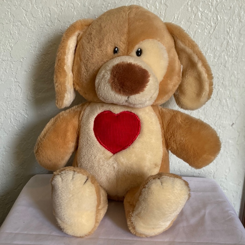 Dakin Baby Things Dog plush Red corduroy heart on chest Squeaker Cream 17" 1983